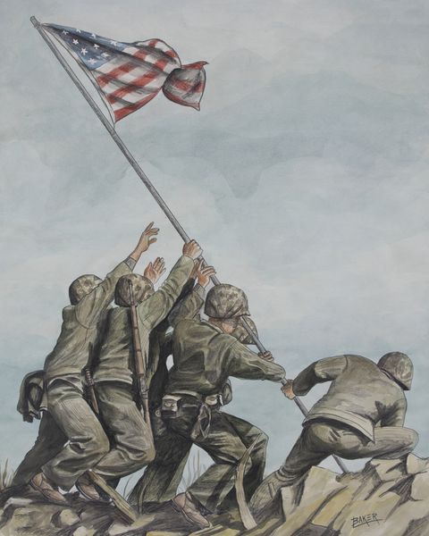 Raising the Flag on Iwo Jima, pencil drawing by Lee Baker