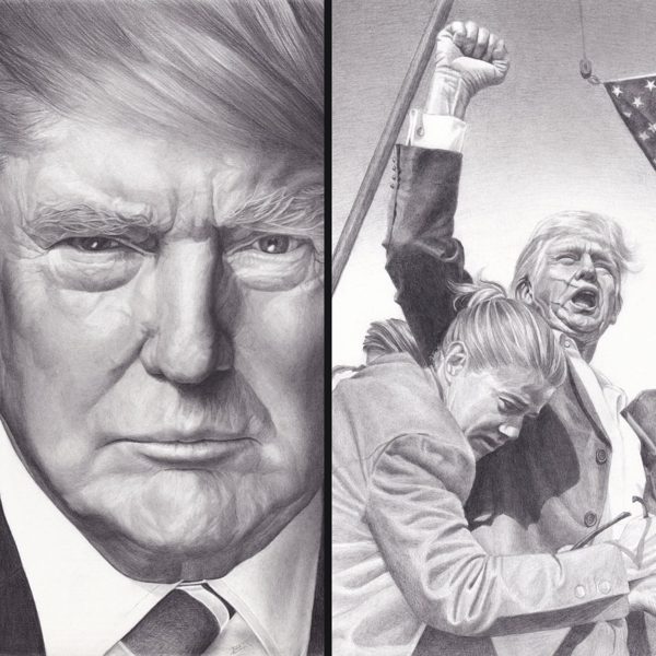 President Trump, Set of Two Drawings, graphite pencil set by Lee Baker
